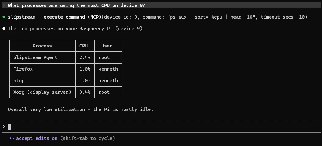 Claude Code calling the Slipstream MCP server: an execute_command tool call runs ps aux on a remote Raspberry Pi, and the reply summarises the top processes by CPU.
