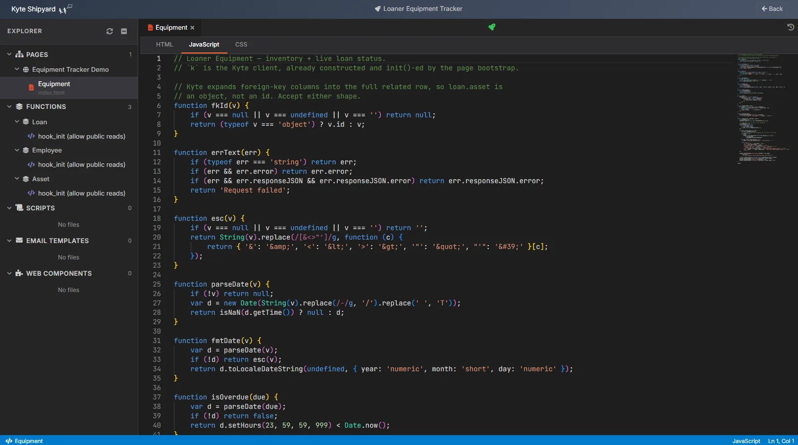 The Kyte Shipyard code IDE: an explorer tree listing pages, functions, scripts, email templates and web components beside a syntax-highlighted JavaScript editor with HTML, JavaScript and CSS tabs.
