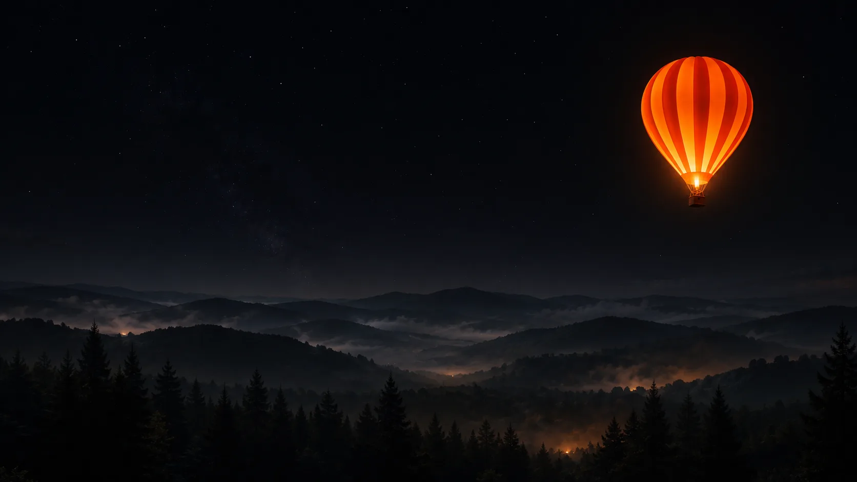 A glowing hot-air balloon rising over misty forested hills at night
