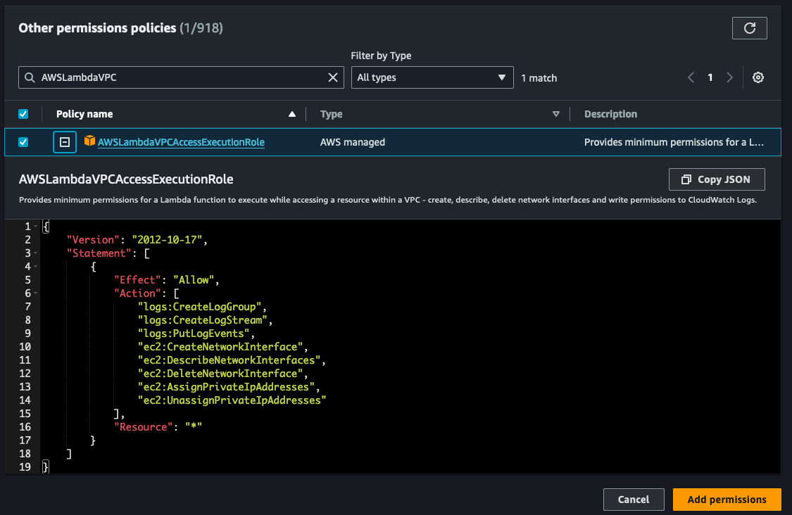 IAM AWSLambdaVPCExecutionRole