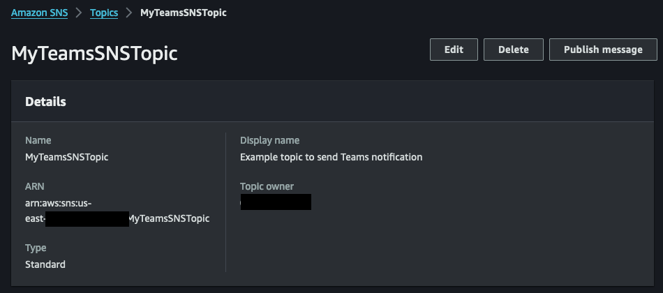 SNS Topic Detail page - Publish Message