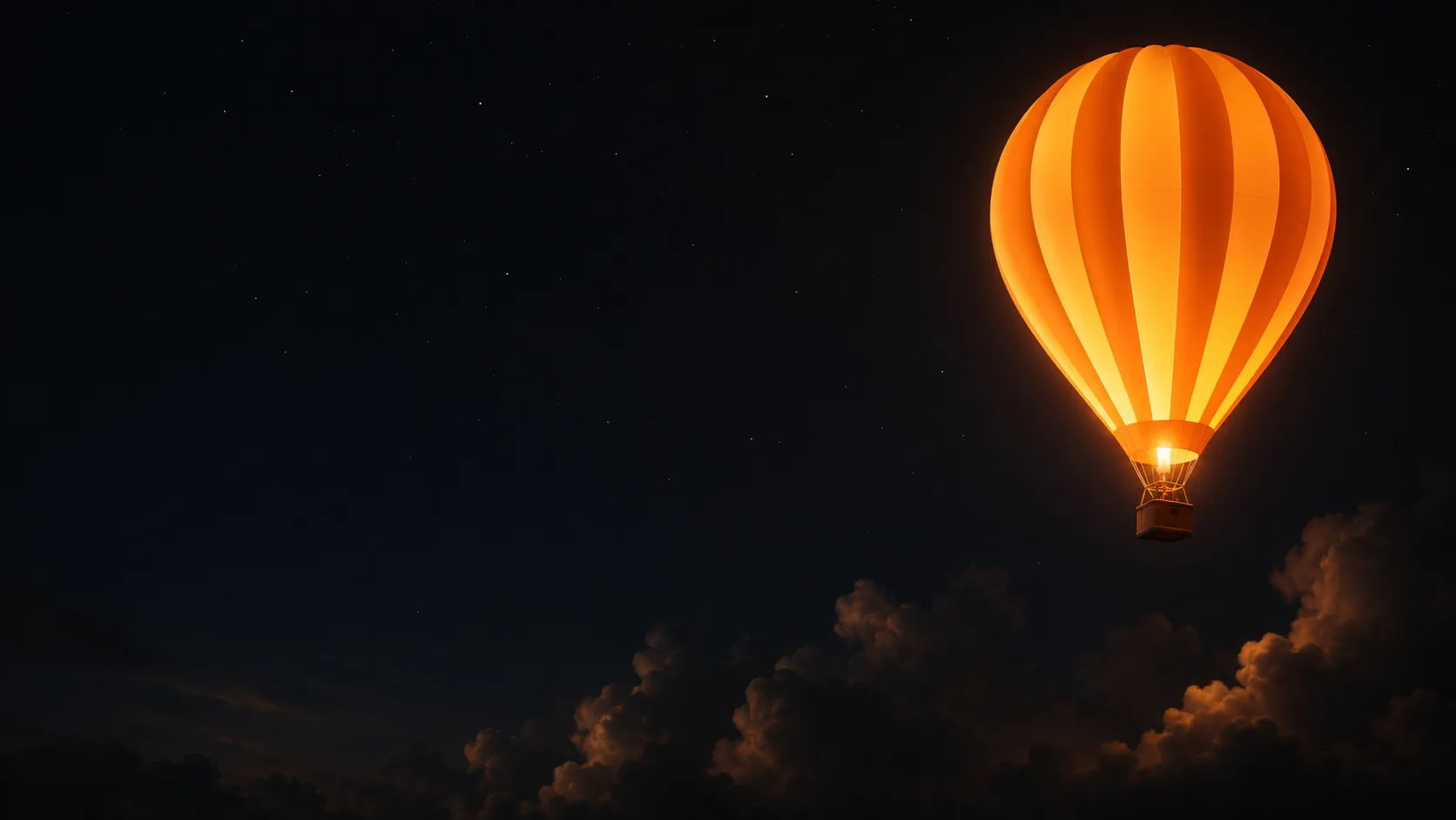 A glowing hot-air balloon rising through the night sky